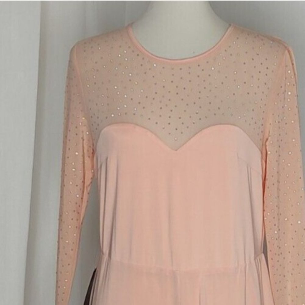 BEBE Jumpsuit L Peach Parfait Embellished Illusion Wide Leg Cocktail Stretch - Picture 6 of 12